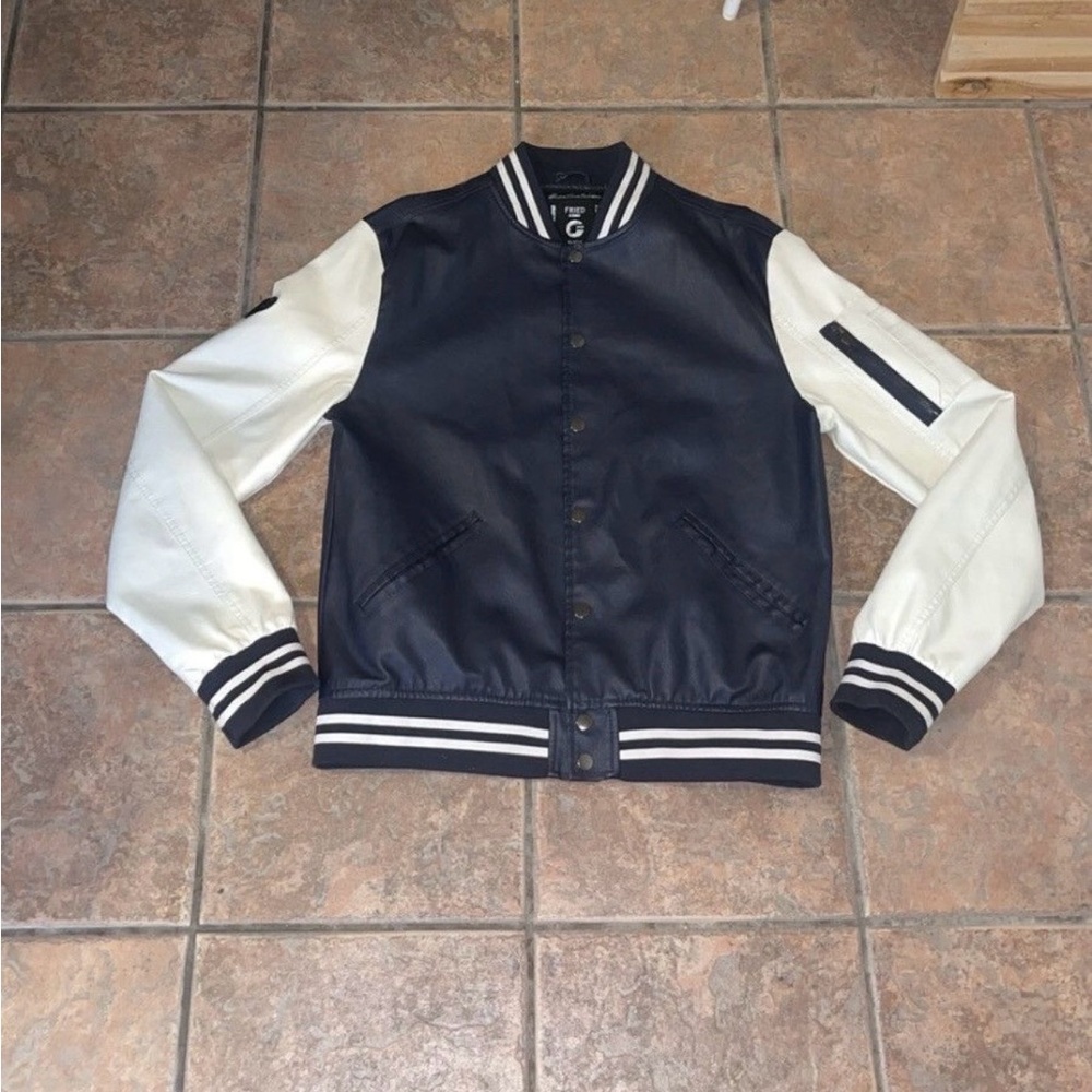 Fried Denim Navy and White Varsity Bomber Jacket NWOT $200 retail